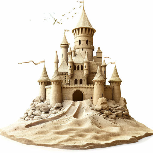 Photo realistic sandcastle clipart on flat white background