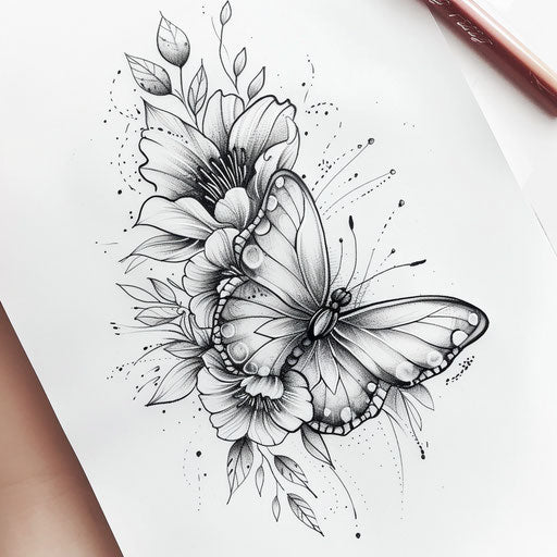 Sketch of a graceful butterfly with floral elements for a wrist cover-up tattoo for women