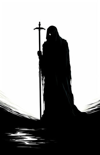 black silhouette of reaper with scythe slaying soldiers
