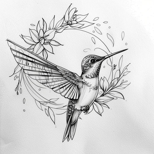 Charming line art tattoo sketch of a hummingbird in flight, delicate details