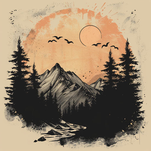Dawn sky over mountain landscape, earth tones clipart