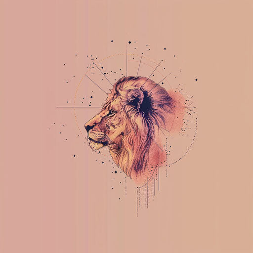 Elegant tattoo sketch of Leo constellation in a minimalist flat style with pastel colors on a soft pink background