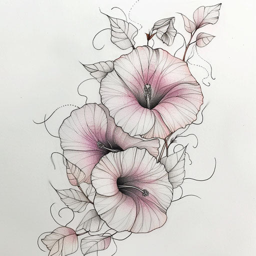 Gentle, romantic tattoo design of morning glory with blush pinks and soft shading