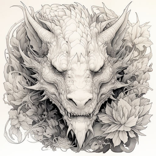 Intricate drawing of dragon face in detailed flora and fauna style