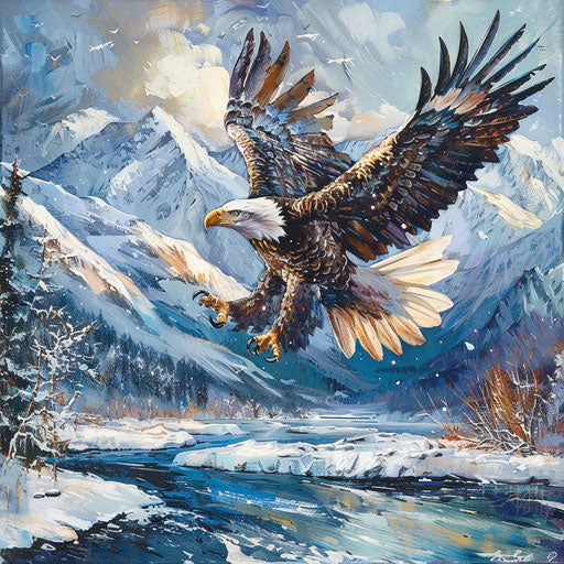 American eagle in flight, wings spread, snowy mountains backdrop