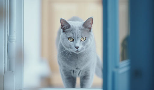 Gray cat looking through a window, light indigo and light gold style