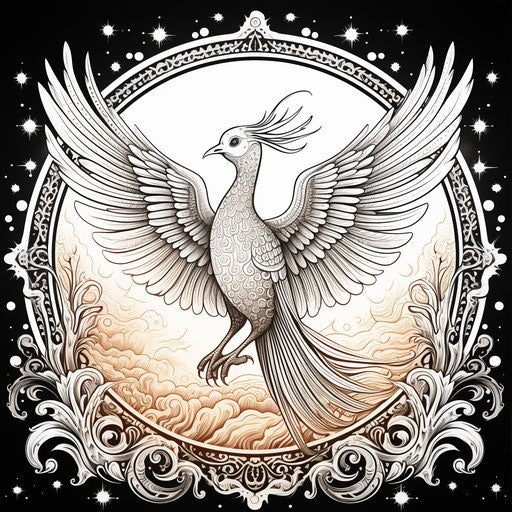 Adult coloring page drawing phoenix bird with stars and sun