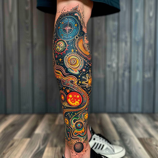 Surreal leg sleeve tattoo with cosmic elements