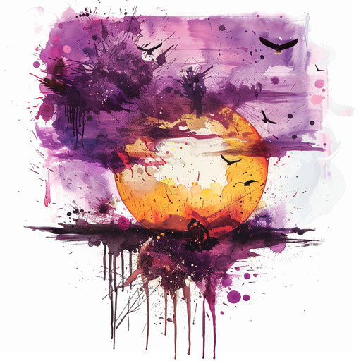 Abstract sunset tattoo design with splashes of purple and gold