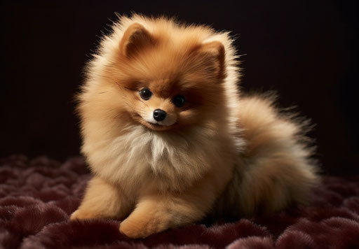 Pomeranian for sale, accurate and detailed style, exaggerated features, distinctive nose, firmin baes, light maroon and light green, caninecore, tondo 33:23