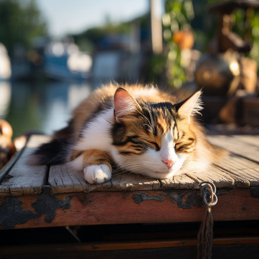 Calico cat lying on a dock