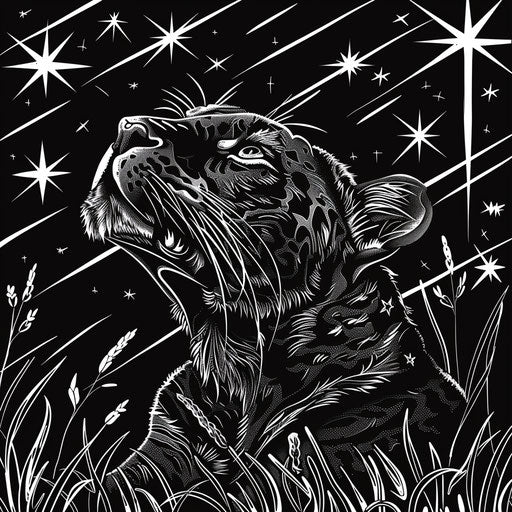 Black panther under a starry night sky, detailed illustration