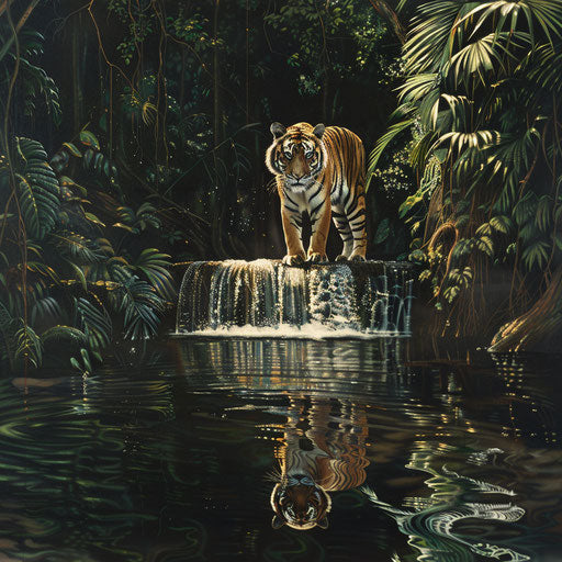 Impressive Sunda tiger on a waterfall