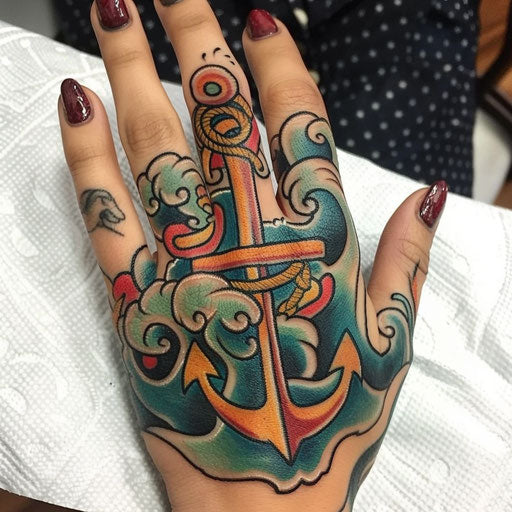Classic nautical tattoo for women with anchors and waves