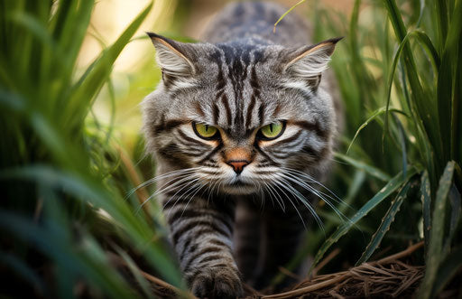 Cat walking in grass surrounded by plants, dark silver and light green style