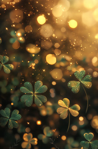 3D Glittering shamrock leaves with golden bokeh background