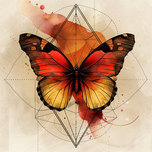 Sketch of vibrant red and orange butterfly tattoo in geometric clipart style