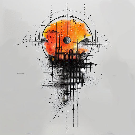 Modern tattoo sketch of a rising sun with a burst of digital colors