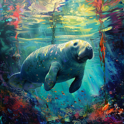 Manatee in a lush underwater landscape, vivid and colorful