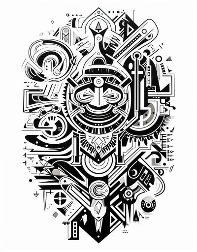 Ornamental tattoo design in black and white afrofuturism style