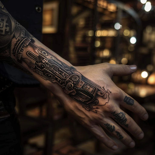 Men's wrist tattoos with biomechanical circuit