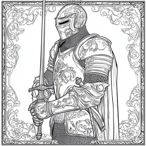 Brave knight with sword, Gennady Spirin style coloring book