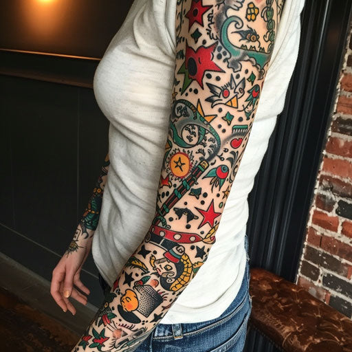 Sleeve tattoo with vintage tattoo flash designs