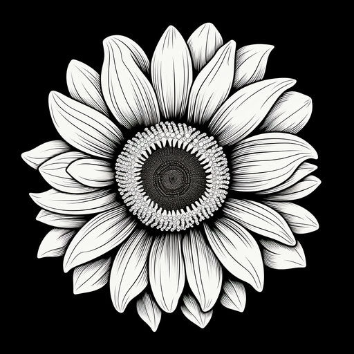 Drawing of a large sunflower in black and white