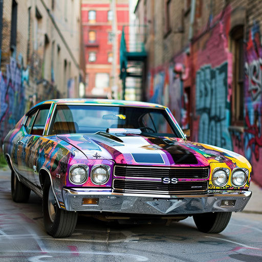1969 Chevrolet Chevelle SS covered in graffiti in urban alley