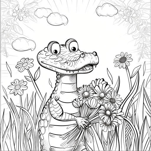 Whimsical alligator holding a bouquet of flowers in a sunny meadow
