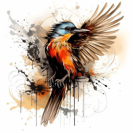 Black and white bird with colorful feathers, digital art