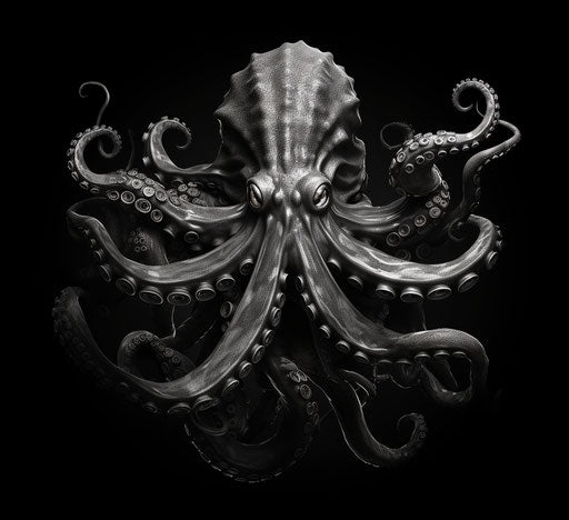 Octopus silhouette in black and white, detailed hyperrealism