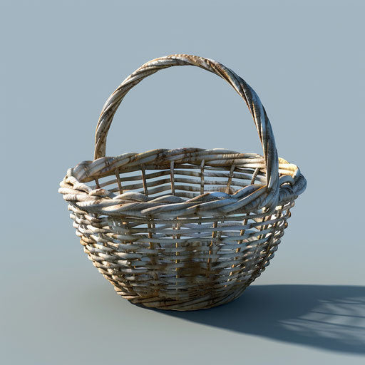 Photo realistic style clipart of a basket with flat blue background, soft focus and light texture