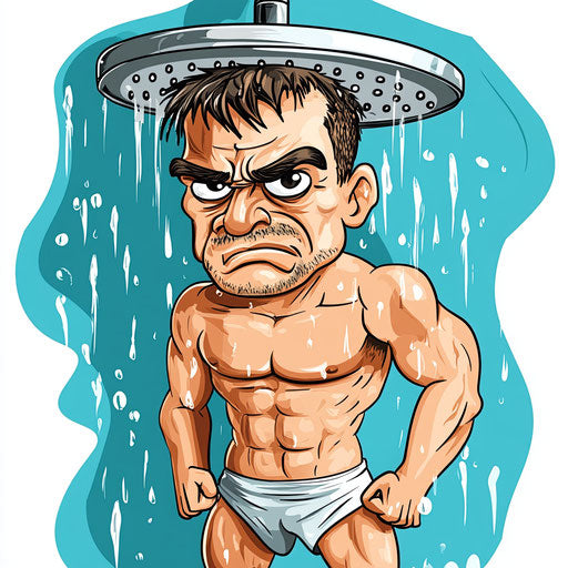 Humorous caricature of a shower with human characteristics, exaggerated long eyelashes, muscular arms, pastel shades, vibrant colors, cartoon style, frowning, high-resolution, no background, isolated -c 40