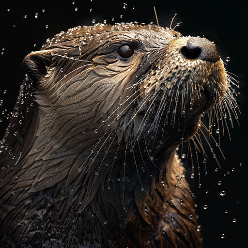 Detailed portrait of an otter with glistening water droplets on its fur