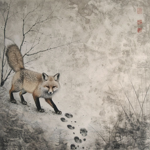 White fox explores the snow in early winter