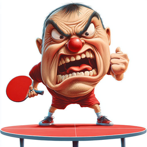 Humorous caricature of a table tennis caricature clipart with human characteristics, exaggerated button nose, with toes feet, oversized, vibrant colors, cartoon style, angry, high-resolution, isolated
