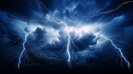 Lightning in an empty blue sky, hyper-detailed realistic style
