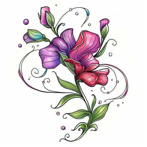 Whimsical tattoo sketch of a sweet pea, April birth flower, with playful polka dots and stripes