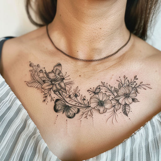 Botanical collarbone tattoo with intricate flowers and butterflies