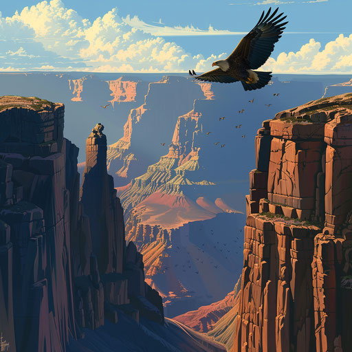 Solitary eagle soaring above rugged canyon