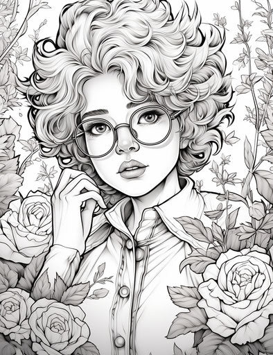 Coloring book with woman with glasses and a rose