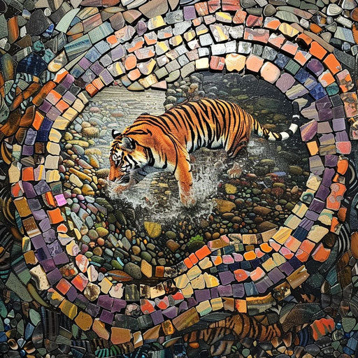 Tiger crossing shallow river with reflection of colored stones