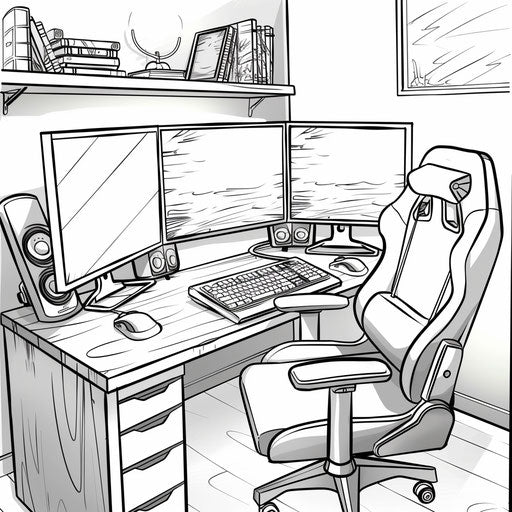 Computer desk setup with dual monitors and gaming chair. Coloring book page
