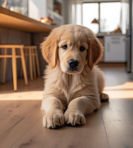 A young puppy sitting in the kitchen, y2k aesthetic, thick texture