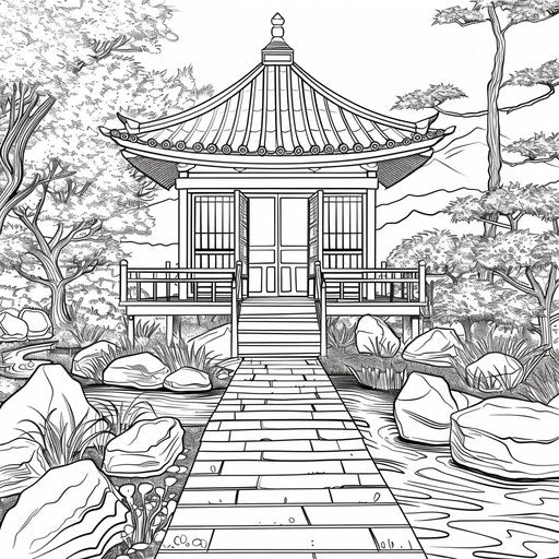 Traditional Japanese tea house in a serene garden