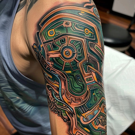 Biomechanical circuit tattoo on elbow, Guy Aitchison style