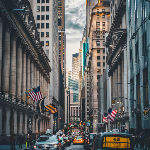 Busy financial district with skyscrapers and bustling streets