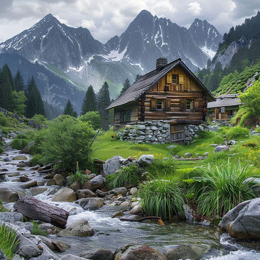 Log cabin in the mountains next to a stream