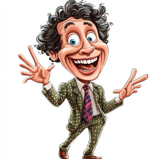 Humorous caricature of a company caricature clipart with human characteristics, exaggerated open mouth, small feet, polka-dotted, vibrant colors, cartoon style, waving, high resolution, no background, isolated